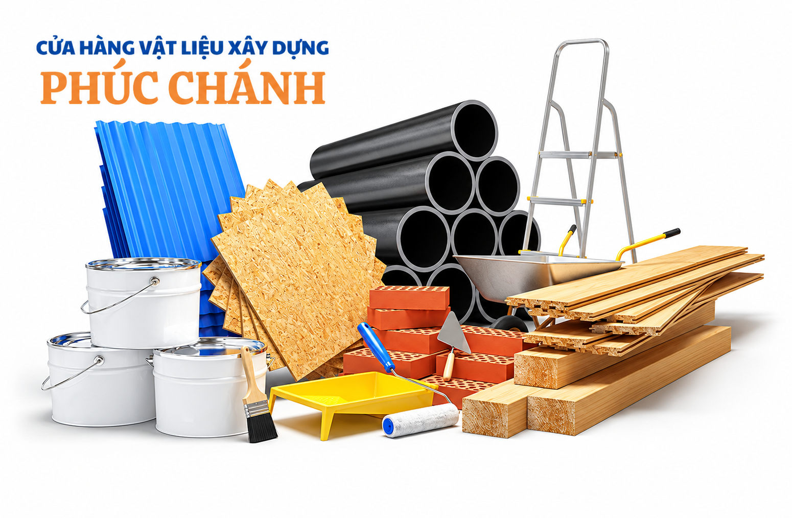 Vật liệu xây dựng gồm ống thép, gạch, gỗ, tấm lợp, sơn và dụng cụ thi công.